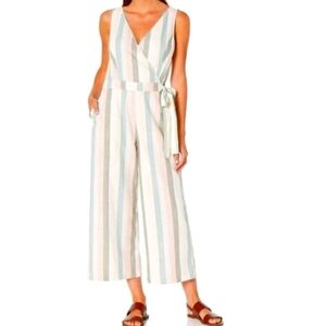 NEW Lucky Brand Daisy jumpsuit striped canvas tie waist cropped leg L